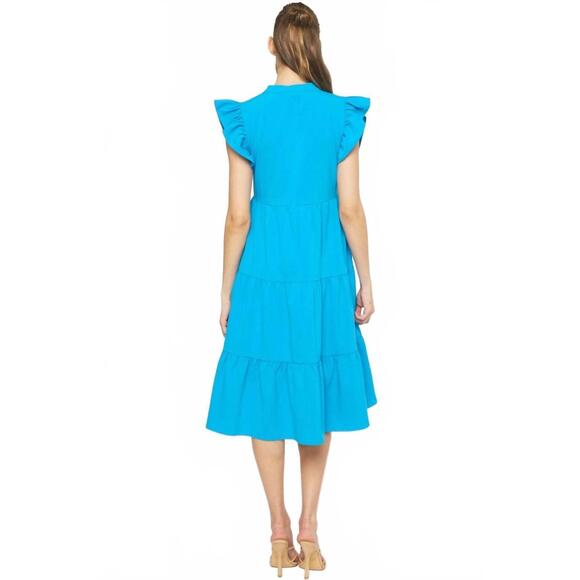 NEW ENTRO ruffled pocket tiered midi dress in cobalt - Picture 4 of 7